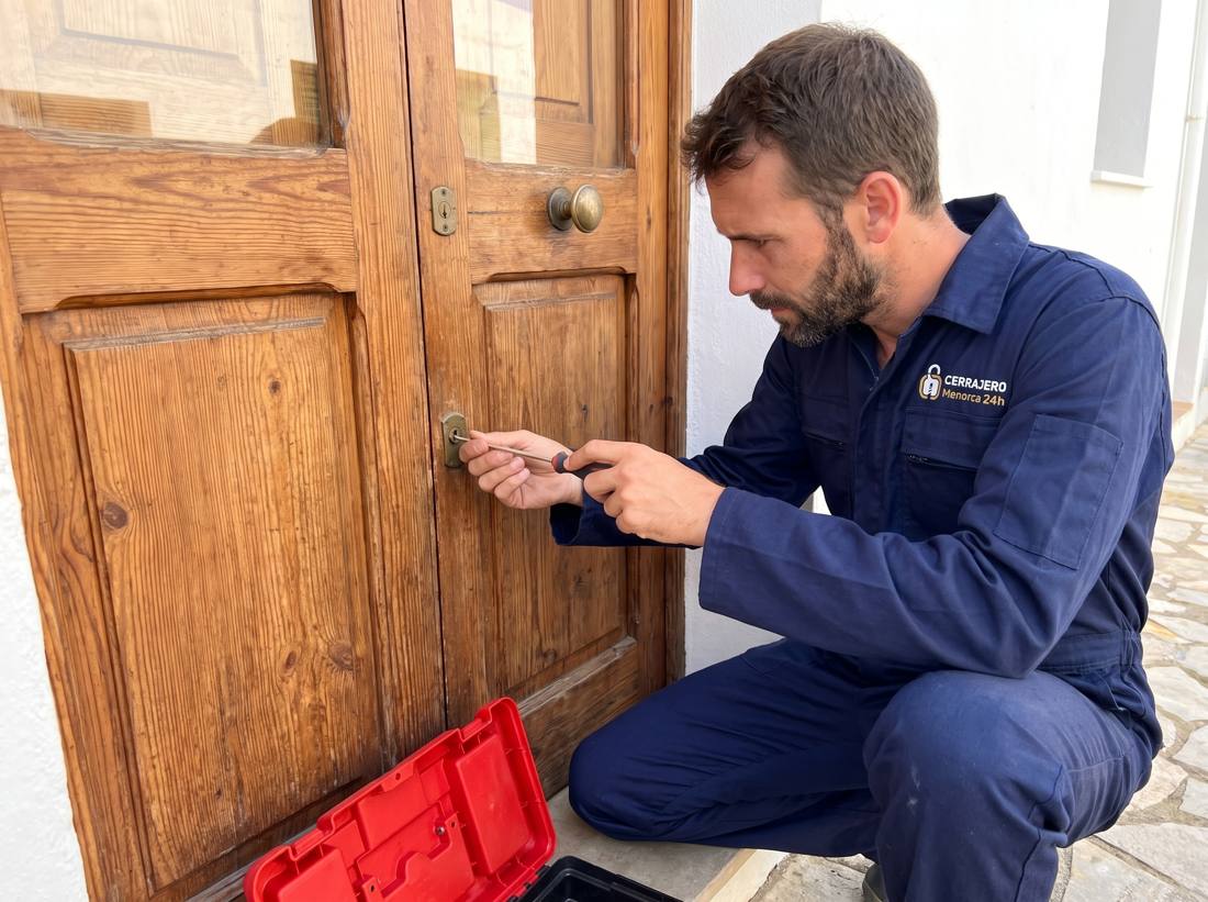 Alex cambiando una cerradura en una puerta de madera