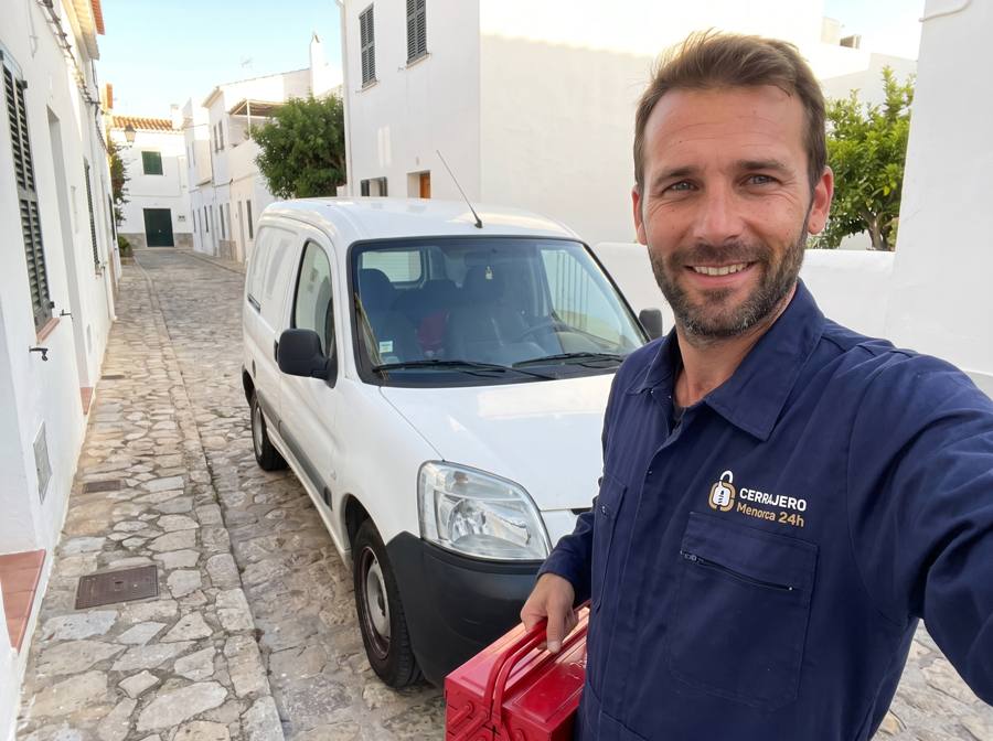 Alex con la furgoneta en un pueblo de Menorca