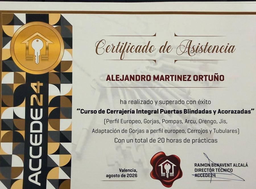 Certificado de cerrajería integral en puertas blindadas y acorazadas de Accede24